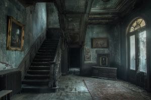 Dark, eerie room with a worn staircase and old paintings on the walls.