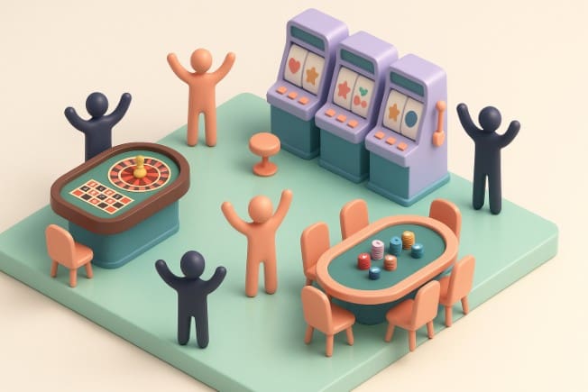 Miniature casino scene with slot machines, poker table, and tiny figures celebrating.