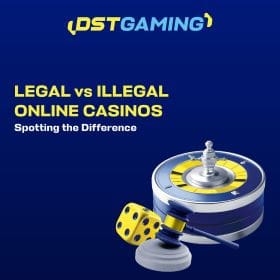 Graphic illustrating legal vs illegal online casinos with dice and roulette.