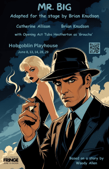 Vintage-style film noir poster with a detective and a mysterious woman.