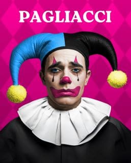 A sad clown with a blue and black jester hat against a bright pink background.