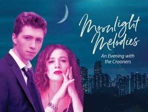Promotional image for 'Moonlight Melody' featuring a man and woman against a city skyline.