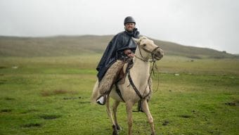 A man riding a horse in a grassy, open landscape.