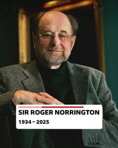 Portrait of Sir Roger Norrington, noted conductor, with years 1934-2025.