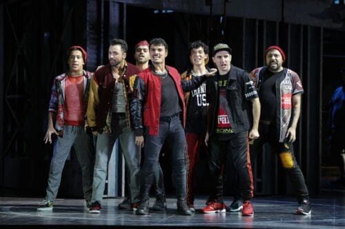 The Sharks: JT Church, Juan Miguel Posada, Mark Ibañez, Yurel Echezarreta, Nathan Bravo, Lester Gonzalez and Edgar Lopez in LA Opera's 2025 production of West Side Story.