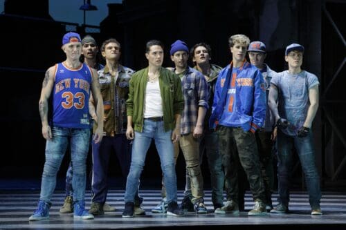 The Jets: Jeremy Ward, Donald Sayre, David Prottas, P. Tucker Worley, Tristan McIntyre, Matt Dean, Grayden Mark Harrison, Peter Murphy and Arcadian Broad in LA Opera's 2025 production of West Side Story.