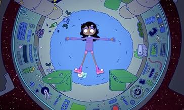 An animated character floats in a circular space surrounded by green, tech-like objects.