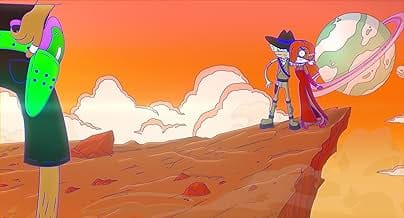 Two characters stand on a rocky hill watching a sunset with vibrant orange skies.