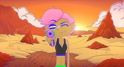 Cartoon character with pink hair holding a futuristic gun in a desert landscape.