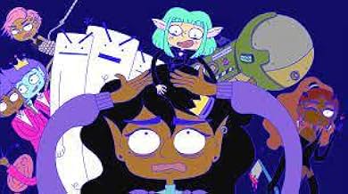 Animated characters expressing surprise and concern in a colorful scene.