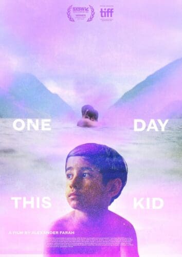 Surreal portrait of a boy with floating elements and misty mountains.