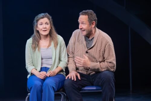 Two actors seated, engaging in an expressive theatrical scene.