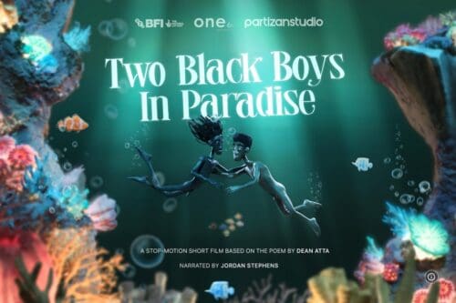 Poster for 'Two Black Boys In Paradise' with underwater figures and bubbles.
