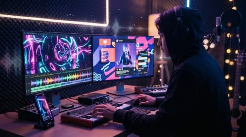Music producer working in a neon-lit studio using dual screens to create an AI-generated music video synced to audio