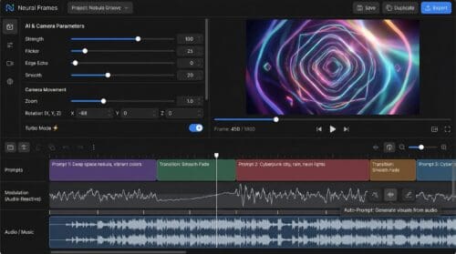 Screenshot of the Neural Frames timeline editor showing AI and camera controls, prompt-based scenes, audio waveform, and a real-time visual preview