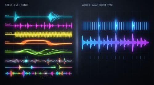 Side-by-side visualization comparing stem-level audio synchronization with whole-waveform synchronization in music-driven video generation