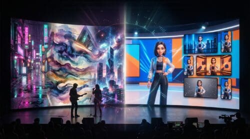 Split-screen illustration showing a generative AI music video on one side and a live band performing on stage on the other