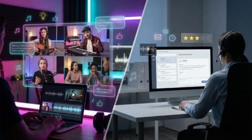 Split-screen illustration showing creators collaborating on an AI-generated music video contrasted with a user managing content and feedback on a desktop interface