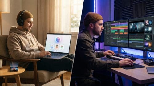 Split-screen image of a musician using a one-click AI music video tool at home contrasted with detailed video editing in a studio workspace
