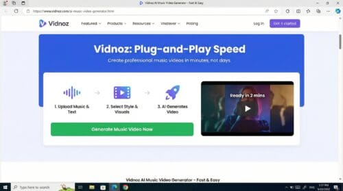 Screenshot of the Vidnoz AI music video generator interface showing a three-step workflow and a preview video player