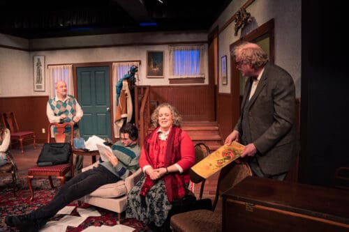 "Improbable Fiction"
Presented by Masquers Playhouse, Point Richmond, CA
by Alan Ayckbourn
Directed by Angela Mason
Feb 6 to Mar 1, 2026

A self-help writers’ group meets at the home of Arnold, a genial unmarried gent who dreams of creative endeavours more liberating than the translation of foreign instruction manuals. After the group dismisses his suggestion of collaborating on a piece of writing, Arnold finds himself transported into the story that might have come from the collaboration.