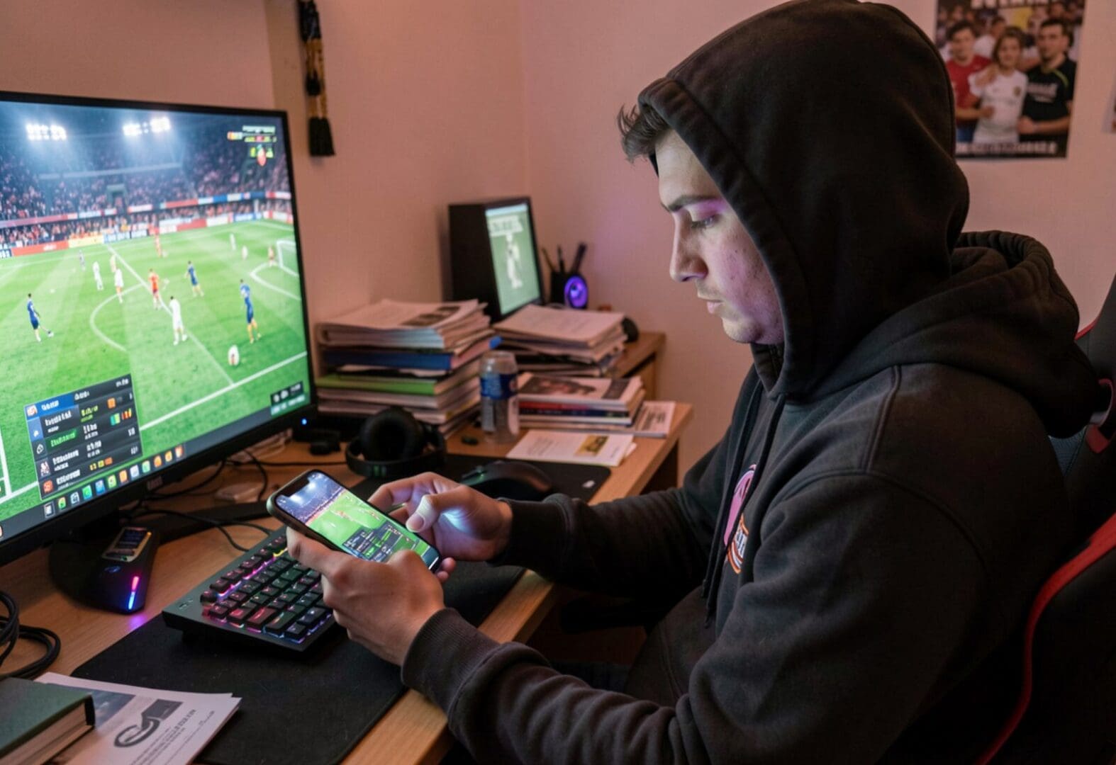 man in hoodie on phone in front of computer screen