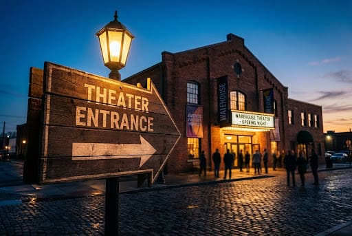 A theater entrance with a lit sign at dusk.