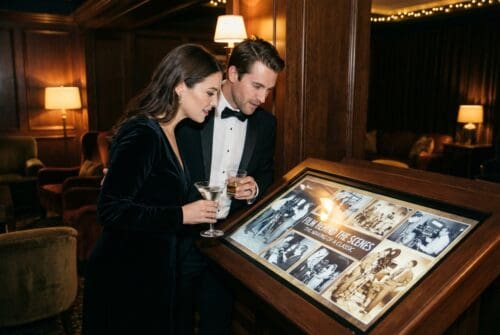A couple examines a display with vintage film photos.