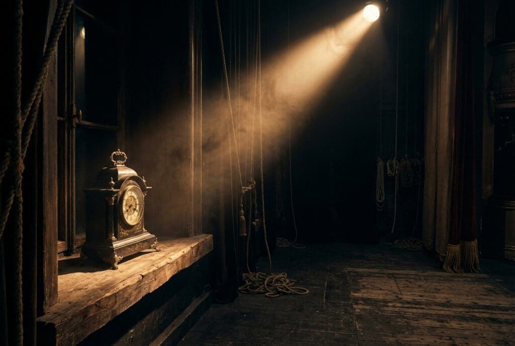 Antique clock under spotlight on wooden stage platform.