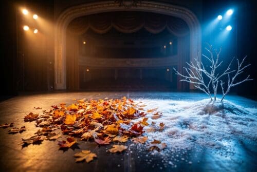 Autumn leaves and frosted branches on the theater stage.