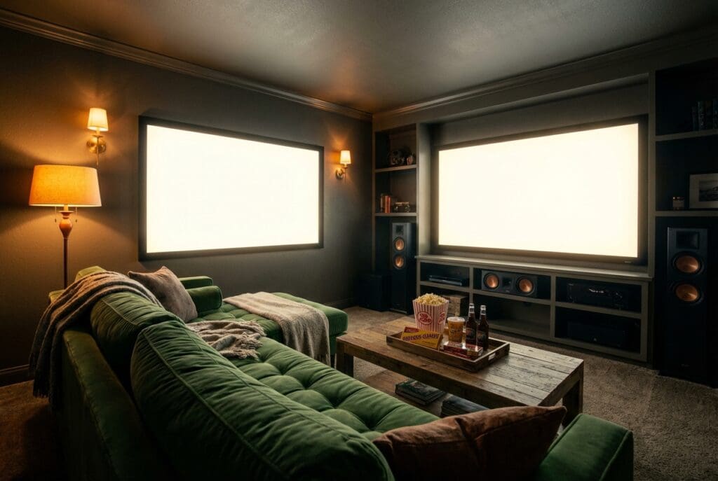 A cozy home theater with a green sofa and snacks.