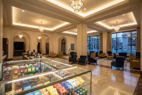 Elegant hotel lobby with seating and snack display.