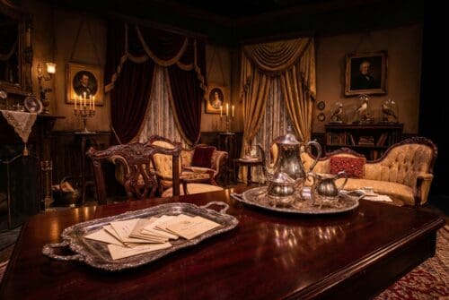Elegant vintage living room with ornate décor and portraits.
