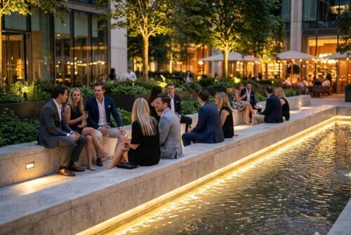 Group socializing by an illuminated water feature at an outdoor venue.