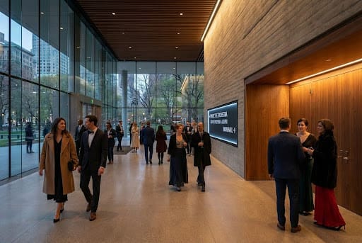 guests in formal attire walk through the modern venue entrance.