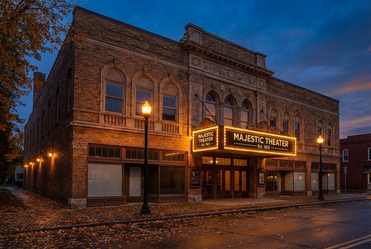 Historic Majestic Theater with illuminated marquee at dusk.