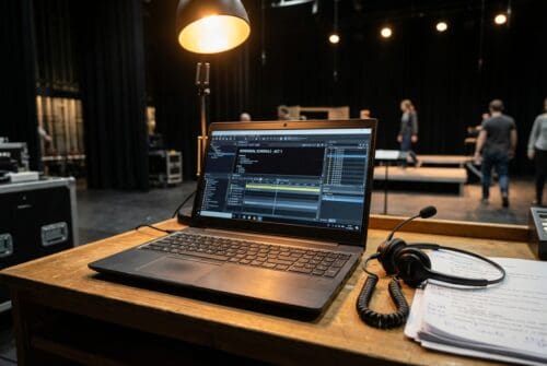 laptop-on-a-theater-stage-control-desk-with-rehearsal-schedule_