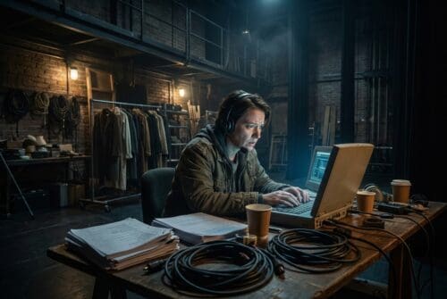 man-working-on-laptop-surrounded-by-equipment-backstage._