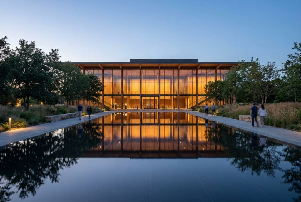Modern building with a glass facade reflecting in calm water.