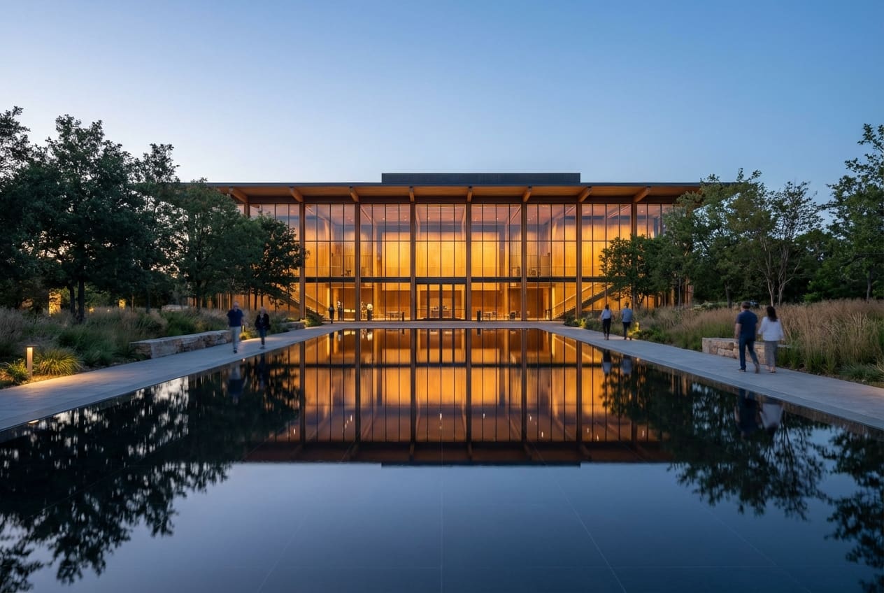 Modern building with a glass facade reflecting in calm water.