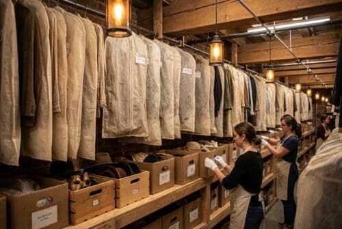 An organized costume storage with workers handling items.