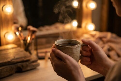 Person holding steaming mug in cozy, warm, lit dressing room.