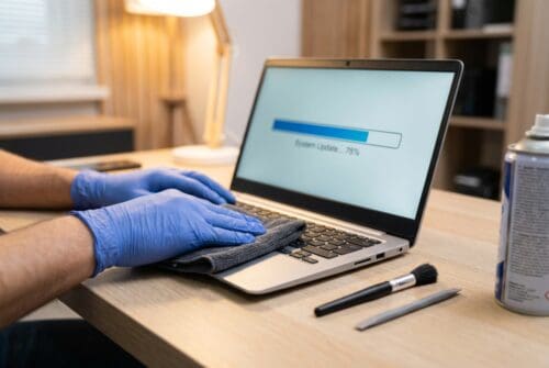 person-in-gloves-cleaning-laptop-during-system-update.