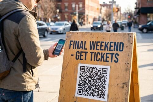 person scanning QR code on street ticket sign.