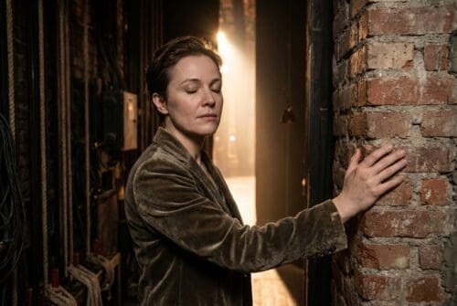 Performer standing in shadowy wings doing focused diaphragmatic breathing.
