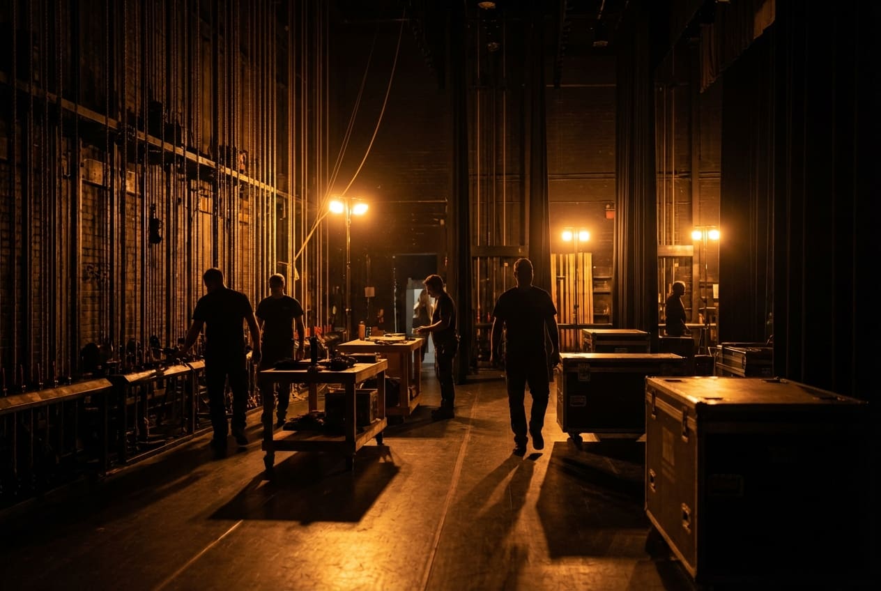 A theater crew working backstage under warm lighting.