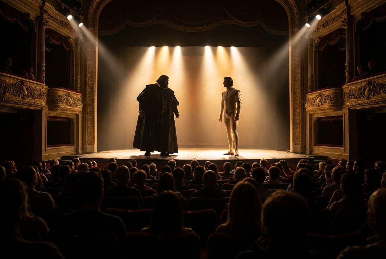 Two actors performing on stage in front of an audience.