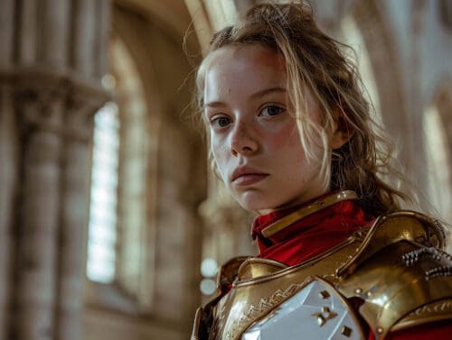 young-woman-in-medieval-knight-armor-posing-in-historical-building 