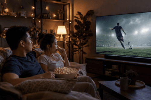 Couple eats popcorn while watching a football movie in a cozy living room.